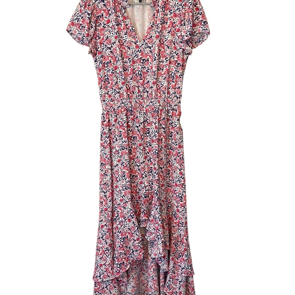 1. STATE Red Pink Floral High-Low Wrap Dress Flutter Sleeve Size Small